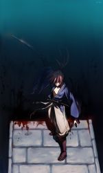 Rule 34 | 1boy, blood, bridge, from above, full body, highres, himura kenshin, japanese clothes, long hair, male focus, ponytail, red hair, rugiadian, rurouni kenshin, sandals, scar on cheek, shaded face, sheath, signature, solo, sword, weapon