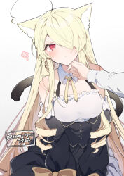Rule 34 | 1girl, ahoge, animal ear fluff, animal ears, artist name, bare shoulders, blonde hair, blush, bow, breasts, buttons, cat ears, cat tail, collar, detached collar, detached sleeves, doll joints, edel (ikeuchi tanuma), flower (symbol), frills, hair over one eye, hand on another&#039;s chin, highres, ikeuchi tanuma, joints, long hair, long sleeves, looking at viewer, medium breasts, neck ribbon, no nose, one eye covered, original, red eyes, ribbon, shirt, solo focus, tail, twitter username, upper body, very long hair, white collar, white shirt, yellow bow, yellow ribbon