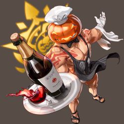 Rule 34 | 1boy, alcohol, apron, bara, bare pectorals, bottle, bow, bowtie, carter (gyee), chef hat, covered abs, cup, drinking glass, fundoshi, gloves, gyee, hat, japanese clothes, male focus, male underwear, manly, mask, muscular, muscular male, nipples, official art, pectorals, plate, pumpkin, sandals, solo, tattoo, thick arms, thick thighs, thighs, transparent background, underwear, wine, wine bottle, wine glass