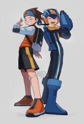 Rule 34 | 2boys, absurdres, android, arm cannon, back-to-back, blue bodysuit, blue footwear, bodysuit, brothers, closed eyes, facing viewer, full body, highres, male focus, mega man (character), mega man (series), mega man battle network (series), multiple boys, open mouth, orange footwear, robot, shorts, siblings, tanaka (is2 p), teeth, upper teeth only, weapon