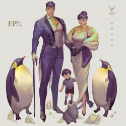 Rule 34 | 1girl, 2boys, bird, black footwear, black gloves, black hair, black shorts, blue eyes, blue jacket, blue pants, blue shirt, bracelet, cane, child, coat, earrings, emperor penguin, family, father and son, fur-trimmed coat, fur trim, gloves, gold bracelet, gold earrings, high heels, highres, husband and wife, jacket, jewelry, lipstick, long hair, looking at viewer, makeup, mature female, mature male, mother and son, multiple boys, necklace, necktie, original, pants, penguin, red lips, robe, shirt, short hair, shorts, snow, socks, standing, ueno kishi, white background, white gloves, white jacket, white shirt, yellow necktie
