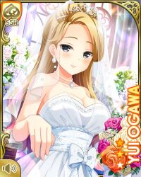 Rule 34 | 1girl, alternate hairstyle, blonde hair, bow, breasts, card, character name, cleavage, closed mouth, day, dress, girlfriend (kari), grey eyes, indoors, jewelry, large breasts, long hair, necklace, official art, ogawa yui (girlfriend kari), qp:flapper, smile, solo, standing, tagme, wedding dress, white bow, white dress