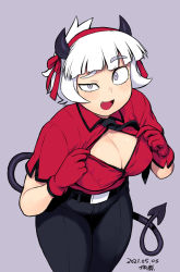 Rule 34 | 1girl, alternate color, alternate hair color, azazel (helltaker), belt, black horns, black neckwear, black pants, blunt bangs, blush, breasts, cleavage, cleavage reach, collared shirt, commentary request, demon girl, demon tail, fang, gloves, grey eyes, helltaker, horn ornament, horn ribbon, horns, large breasts, leaning forward, looking at viewer, pants, raised eyebrow, red gloves, red shirt, ribbon, shirt, short hair, solo, tail, tsukudani (coke-buta), very short hair, white hair