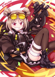 Rule 34 | 1girl, ammunition, black footwear, black gloves, black jacket, black skirt, boots, breasts, brown-framed eyewear, brown thighhighs, bullet, bullpup, character name, commentary request, double bun, eyewear on head, fn 5.7x28mm, frills, girls&#039; frontline, gloves, grin, gun, hair between eyes, hair bun, harada (sansei rain), highres, holding, holding gun, holding weapon, horizontal magazine, jacket, knee up, long sleeves, looking at viewer, name connection, object namesake, open clothes, open jacket, p90, p90 (girls&#039; frontline), parted bangs, partially fingerless gloves, pdw cartridge, personal defense weapon, puffy long sleeves, puffy sleeves, red eyes, scope, see-through, shirt, skirt, small breasts, smile, solo, submachine gun, sunglasses, thighhighs, tinted eyewear, translucent, v-shaped eyebrows, weapon, white shirt, yellow-tinted eyewear