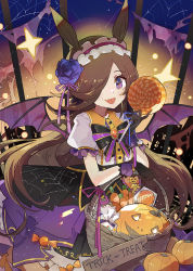 Rule 34 | 1girl, :d, animal ears, basket, black bow, black skirt, bow, brooch, brown hair, candy, center frills, collared shirt, commentary request, demon wings, fangs, food, frills, hair over one eye, halloween, holding, holding candy, holding food, holding lollipop, horse ears, jack-o&#039;-lantern, jewelry, lollipop, long hair, looking at viewer, official alternate costume, open mouth, puffy short sleeves, puffy sleeves, purple eyes, purple wings, rice shower (make up vampire!) (umamusume), rice shower (umamusume), shadowsinking, shirt, short sleeves, skirt, smile, solo, sparkle, striped, striped bow, swirl lollipop, umamusume, very long hair, white shirt, wings