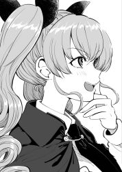 Rule 34 | 1girl, anchovy (girls und panzer), anzio school uniform, bonkara (sokuseki maou), cape, drill hair, girls und panzer, greyscale, hair ribbon, hand on own chin, highres, long hair, long sleeves, looking to the side, monochrome, open mouth, ribbon, school uniform, smile, solo, twin drills, twintails