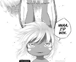 Rule 34 | 1other, bune poster, english text, furry, greyscale, jujutsu kaisen, made in abyss, meme, monochrome, nah i&#039;d win (meme), nanachi (made in abyss), portrait, solo, speech bubble, to be continued, whiskers, white background, white hair