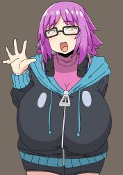 Rule 34 | 1girl, absurdres, black jacket, blush, breasts, eyelashes, female focus, glasses, grey background, half-closed eyes, hanging breasts, highres, huge breasts, jacket, leaning forward, looking at viewer, nishiki (artist), open mouth, purple hair, salute, short hair, smile, solo, standing, yellow eyes