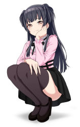 Rule 34 | 1girl, ass, black footwear, black hair, black skirt, black thighhighs, blunt bangs, blunt ends, blush, doyagao, frilled sleeves, frills, full body, hand on own cheek, hand on own face, hand on own thigh, high heels, highres, idolmaster, idolmaster shiny colors, kyouka asuka, looking at viewer, mayuzumi fuyuko, pink shirt, shirt, simple background, skirt, smug, solo, squatting, thighhighs, thighs, two side up, white background