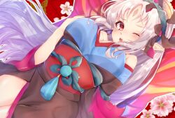 Rule 34 | 1girl, black kimono, blue kimono, butterfly wings, crown of thorns, edamameoka, facial mark, fairy wings, fire emblem, fire emblem heroes, forehead mark, highres, insect wings, japanese clothes, kimono, nintendo, official alternate costume, open mouth, plumeria (fire emblem), plumeria (new year) (fire emblem), red eyes, red trim, textless version, two-tone kimono, wings