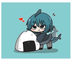 Rule 34 | +++, 1girl, :t, afterimage, black footwear, black hair, black hoodie, blue background, blue hair, blush, chibi, closed mouth, commentary request, eating, food, fuka-chan, full body, grey pantyhose, grey skirt, hair between eyes, heart, highres, hood, hood down, hoodie, looking at viewer, onigiri, original, pantyhose, shadow, shoes, short eyebrows, simple background, skirt, solo, speed lines, standing, tail, tail wagging, thick eyebrows, uni souchou, wavy mouth
