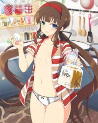 Rule 34 | 1girl, ahoge, bottle, bow, bow panties, bread, brown hair, egg, flat chest, food, fork, heterochromia, highres, holding, holding food, kitchen, navel, panties, ryoubi (senran kagura), senran kagura, senran kagura new wave, spoon, twintails, unbuttoned, unbuttoned shirt, underwear