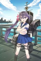Rule 34 | 10s, 1girl, akebono (kancolle), bell, cloud, comic, crossed arms, day, dock, flower, hair bell, hair flower, hair ornament, jingle bell, kantai collection, long hair, looking at viewer, ocean, rigging, ship, side ponytail, sketch, sky, very long hair, watercraft, zero (miraichizu)