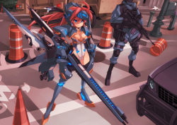 Rule 34 | 1boy, 1girl, ahoge, armor, assault rifle, blue eyes, bodysuit, boots, breasts, bulletproof vest, cannon, car, cleavage, cleavage cutout, clothing cutout, covered navel, floating hair, full body, gloves, glowing, gun, hair between eyes, headgear, high ponytail, holding, holding gun, holding weapon, knee pads, legs apart, leotard, load bearing vest, long hair, m4 carbine, mecha, mecha musume, military, military vehicle, mk-5, motor vehicle, neon trim, original, outdoors, ponytail, pouch, red hair, rifle, road, robot, scope, serious, shadow, solo focus, standing, street, thigh strap, thighhighs, traffic cone, vehicle, weapon