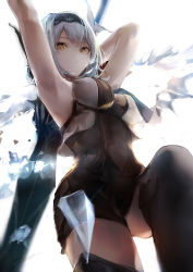 Rule 34 | 1girl, absurdres, armpits, arms up, black hairband, black shorts, black thighhighs, blue hair, breasts, commentary request, eula (genshin impact), genshin impact, hairband, highres, large breasts, looking at viewer, sakusyo, short hair, short shorts, shorts, simple background, sleeveless, solo, sword, thighhighs, weapon, white background, yellow eyes