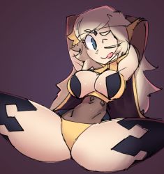 Rule 34 | 1girl, ;p, ahoge, blonde hair, bodystocking, breasts, cape, cleavage, covered navel, cragscleft, fire emblem, fire emblem fates, long hair, looking at viewer, medium breasts, nintendo, one eye closed, ophelia (fire emblem), panties, sitting, thighhighs, thighs, tongue, tongue out, underwear, yellow panties