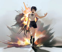Rule 34 | 1girl, absurdres, bare arms, bare shoulders, black choker, black footwear, black hair, black ribbon, black shorts, black socks, blurry, blurry background, chainsaw man, choker, collared shirt, explosion, fire, green eyes, grenade pin, grey background, hair over one eye, hand up, highres, loafers, looking at viewer, neck ribbon, outstretched arm, parted lips, phobii (tsubaki j), pulling, reze (chainsaw man), ribbon, shadow, shirt, shirt tucked in, shoes, short hair, shorts, sleeveless, sleeveless shirt, smile, smoke, socks, solo, standing, string, walking, white shirt, wide shot