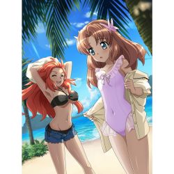 Rule 34 | 2girls, amou kanade, artist request, bad source, beach, bikini, black bikini, blue eyes, blue shorts, blush, breasts, brown hair, cleavage, closed eyes, covered navel, flower, hair flower, hair ornament, large breasts, long hair, multiple girls, navel, ocean, official art, one-piece swimsuit, open clothes, open mouth, open shorts, outdoors, palm tree, pink one-piece swimsuit, red hair, senki zesshou symphogear, senki zesshou symphogear xd unlimited, serena cadenzavna eve, short shorts, shorts, side-tie bikini bottom, sky, small breasts, smile, swimsuit, tree, undressing