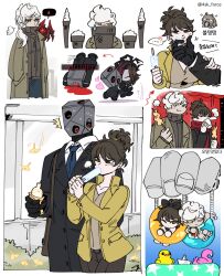 Rule 34 | 1boy, 1girl, black coat, black gloves, brown hair, brown pants, brown sweater, coat, collared shirt, dark souls (series), elena (project moon), food, force (4sk force), gloves, ice cream, jacket, jae-heon, korean text, lapels, library of ruina, long hair, looking at viewer, multiple views, notched lapels, pants, ponytail, popsicle, project moon, red eyes, ribbed sweater, shirt, simple background, speech bubble, sweater, translation request, tupet, white background, white shirt, yellow jacket, you died