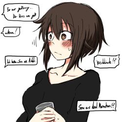 Rule 34 | 1girl, aged up, black shirt, blush, brown eyes, brown hair, casual, closed mouth, cup, drinking glass, german text, girls und panzer, holding, holding cup, leaning back, looking to the side, motion lines, nishizumi maho, noumen, own hands together, shirt, short hair, short sleeves, simple background, solo, sweatdrop, translated, upper body, white background