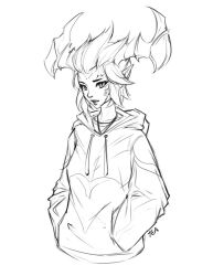 Rule 34 | 1girl, artist name, collarbone, cropped torso, greyscale, hands in pockets, hood, hood down, hoodie, horns, imdrunkontea, league of legends, monochrome, official alternate hair length, official alternate hairstyle, pointy ears, short hair, shyvana, smile, solo, teeth