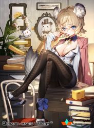 Rule 34 | 1girl, ahoge, animal ears, black bra, black pantyhose, blonde hair, blue eyes, book, book stack, bra, breasts, chair, cheese wheel, cleavage, crossed legs, desk, detached collar, drawing (object), female focus, file cabinet, glasses, hat, holding, holding removed eyewear, indoors, jacket, key, lace, lace-trimmed bra, lace trim, large breasts, looking at viewer, mouse (animal), mouse ears, mouse tail, pantyhose, pencil skirt, picture frame, qurare magic library, red-framed eyewear, seamed legwear, shoe dangle, short hair, sitting, skirt, solo, tail, top hat, underwear, unworn eyewear, whoisshe