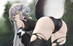 Rule 34 | 1girl, arknights, artist request, ass, bare shoulders, bent over, black panties, black thighhighs, breasts, cameltoe, crocodilian tail, detached sleeves, from behind, highres, large tail, leaning, leaning forward, leotard, long hair, looking at viewer, open mouth, panties, pointy ears, shiny skin, sideboob, silver hair, solo, tail, thighhighs, thighs, tomimi (arknights), torn clothes, torn thighhighs, underwear, very long hair, yellow eyes