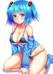 Rule 34 | 1girl, bare shoulders, bikini, blue eyes, blue footwear, blue hair, blush, boots, breasts, cleavage, ebi 193, female focus, hair ornament, jacket, kawashiro nitori, large breasts, matching hair/eyes, off shoulder, open clothes, open jacket, open mouth, rubber boots, shiny skin, simple background, solo, swimsuit, touhou, two side up, white background