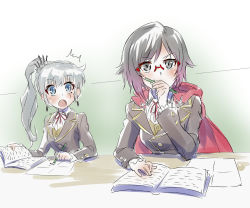 Rule 34 | 2girls, bespectacled, black hair, blue eyes, book, cape, flat chest, glasses, grey eyes, iesupa, multiple girls, out of character, paper, pencil, ponytail, rimless eyewear, ruby rose, rwby, scar, scar across eye, scar on face, school uniform, sketch, surprised, weiss schnee, white hair