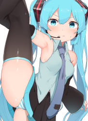 Rule 34 | 1girl, abmayo, aqua eyes, aqua hair, armpits, bare shoulders, between breasts, black skirt, black thighhighs, blush, breasts, cameltoe, closed mouth, collared shirt, commentary request, detached sleeves, hatsune miku, highres, long hair, long sleeves, looking at viewer, medium breasts, necktie, necktie between breasts, panties, pleated skirt, shirt, simple background, skirt, sleeveless, sleeveless shirt, smile, solo, split, standing, standing on one leg, standing split, striped clothes, striped panties, thighhighs, twintails, underwear, very long hair, vocaloid, white background