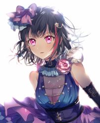 Rule 34 | 1girl, arm belt, bang dream!, black gloves, bow, breasts, cleavage, collar, corset, dress, elbow gloves, feathers, flower, frilled collar, frills, gloves, hair bow, jewelry, looking at viewer, mitake ran, multicolored hair, nennen, pink eyes, pink flower, pink rose, purple bow, red hair, rose, short hair, solo, sparkle, streaked hair, upper body, white background