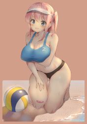 Rule 34 | 1girl, absurdres, aymusk, bandaid, bare arms, bare shoulders, beach, beach volleyball, bikini, black bikini, blue bikini, blue eyes, blue nails, breast hold, breasts, cleavage, collarbone, commentary request, covered erect nipples, frown, highres, kneeling, large breasts, long hair, looking at viewer, mismatched bikini, mole, mole on breast, nail polish, navel, one side up, open mouth, original, pink hair, sidelocks, simple background, solo, stomach, swimsuit, taut bikini, thighs, toenail polish, toenails, visor cap, water, wet