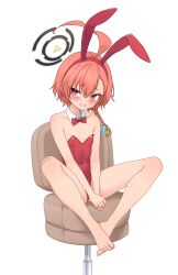 Rule 34 | 1girl, absurdres, ahoge, animal ears, bandaid, bandaid on knee, bandaid on leg, bare arms, bare legs, bare shoulders, barefoot, blue archive, bow, bowtie, braid, clenched teeth, collar, commentary request, covered navel, detached collar, fake animal ears, feichu keju, full body, hairband, halo, highres, leotard, long hair, neru (blue archive), orange hair, playboy bunny, rabbit ears, red bow, red bowtie, red hairband, red leotard, simple background, single braid, sitting, solo, strapless, strapless leotard, teeth, white background, white collar, wing collar