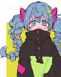 Rule 34 | 1girl, 3774., bear hair ornament, black jacket, blue eyes, blue hair, bow, braid, candy hair ornament, fang, food-themed hair ornament, hair bow, hair ornament, hairclip, hatsune miku, high collar, highres, jacket, long hair, long sleeves, looking at viewer, open mouth, pink bow, skin fang, solo, twin braids, upper body, vocaloid, white background, x hair ornament, yellow background