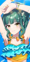 Rule 34 | 1girl, absurdres, armpits, arms up, bead bracelet, bead necklace, beads, bikini, blue background, bracelet, breasts, brown eyes, cleavage, closed mouth, collarbone, commentary request, dot nose, earrings, frilled bikini, frills, fujii tomo, green hair, highres, hikaru(hkr mm7), idolmaster, idolmaster cinderella girls, idolmaster cinderella girls starlight stage, jewelry, long hair, looking at viewer, medium breasts, necklace, orange nails, smile, solo, splashing, swimsuit, two-tone bikini, upper body, wavy hair