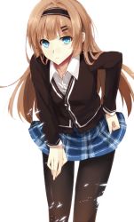 Rule 34 | &gt;:(, 1girl, aosaki yukina, bad id, bad pixiv id, black pantyhose, blue eyes, blue skirt, brown hair, buttons, cardigan, collarbone, collared shirt, frown, hair ornament, hairband, hairclip, hand on own hip, hand on own thigh, hand on thigh, layered clothes, leaning forward, long hair, long sleeves, looking at viewer, original, pantyhose, plaid, plaid skirt, pleated skirt, school uniform, shirt, skirt, solo, v-shaped eyebrows, white shirt