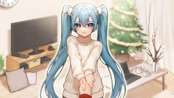 Rule 34 | 1girl, aqua hair, blue eyes, christmas, christmas tree, clock, computer, couch, curtains, desk, hatsune miku, highres, holding hands, indoors, kayuioekaki, laptop, long hair, looking at viewer, pillow, pout, pov, solo, standing, sweater, television, turtleneck, turtleneck sweater, twintails, very long hair, vocaloid