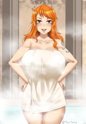Rule 34 | 1girl, :d, blush, breasts, brown eyes, collarbone, cowboy shot, hands on own hips, large breasts, long hair, looking at viewer, naked towel, nami (one piece), one piece, open mouth, orange hair, smile, solo, steam, tattoo, towel, twitter username, twrlare