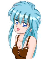 Rule 34 | 1990s (style), 1girl, akazukin chacha, blue eyes, blue hair, blush, bra, breasts, brown bra, cleavage, collarbone, fang, long hair, looking at viewer, medium breasts, open mouth, retro artstyle, riiya&#039;s mother, smile, standing, underwear, upper body, white background