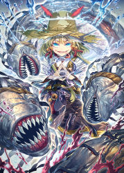 Rule 34 | 1girl, adapted costume, aura, bell, blonde hair, blood, blue eyes, energy, eyebrows, fingers together, hair bell, hair ornament, long sleeves, looking at viewer, mishaguji, monster, moriya suwako, no eyes, purple skirt, purple vest, pyonta, red eyes, rope, scales, sharp teeth, shimenawa, shiny clothes, shiny skin, shirt, short eyebrows, short hair, skirt, smile, stance, teeth, tongue, tongue out, touhou, vest, water, white shirt, wide sleeves, wind, zounose