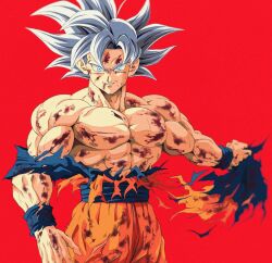 Rule 34 | 1boy, blood, blood on body, blood on face, blue sash, blue shirt, blue wristband, blurry, blurry background, bure (fantasticyouth7), cowboy shot, dougi, dragon ball, dragon ball super, highres, looking at viewer, male focus, muscular, orange pants, orange shirt, pants, red background, sash, shirt, smile, son goku, topless, torn clothes, torn pants, torn shirt, ultra instinct, white eyes, white hair