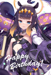 Rule 34 | 1girl, ao-chan (ninomae ina&#039;nis), artist name, black gloves, black hair, blue eyes, blunt bangs, book, english text, fang, floating, floating book, floating object, gloves, halo, happy birthday, hololive, hololive english, hong (white spider), looking at viewer, ninomae ina&#039;nis, ninomae ina&#039;nis (1st costume), open mouth, purple gloves, smile, solo, tentacles, two-tone gloves, virtual youtuber