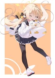 Rule 34 | 1girl, ayaha 4780828, black pantyhose, black skirt, blonde hair, blue archive, border, closed eyes, commentary, full body, halo, hifumi (blue archive), highres, hug, long hair, long sleeves, low twintails, neckerchief, orange background, pantyhose, peroro (blue archive), pleated skirt, shirt, shoes, skirt, smile, solo, standing, twintails, white border, white footwear, white shirt, yellow halo, yellow neckerchief