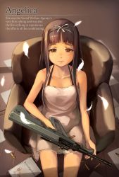 Rule 34 | 1girl, angelica (gunslinger girl), armchair, assault rifle, bare arms, bare shoulders, blunt bangs, book, brown eyes, brown hair, bullet, bullpup, chair, character name, child, commentary request, dress, english text, feathers, feet out of frame, foge, from above, gun, gunslinger girl, hair ribbon, halterneck, highres, holding, holding gun, holding weapon, indoors, lace, lace-trimmed dress, lace trim, light smile, long hair, looking at viewer, paper, ribbon, rifle, short dress, sitting, sleeveless, sleeveless dress, solo, steyr aug, weapon, white dress, white ribbon