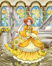Rule 34 | 1girl, bow, dress, frilled dress, frills, harp, highres, instrument, long dress, long hair, official art, orange dress, orange eyes, orange hair, piano, precure, precure connection puzzlun, shirabe ako, smile, solo, suite precure, third-party source, tiara, white bow, wide sleeves