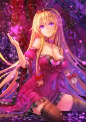 Rule 34 | 1girl, alternate costume, bare shoulders, black thighhighs, blonde hair, bow, breasts, bug, butterfly, choker, cleavage, detached sleeves, dress, glowing, hair bow, hair ribbon, insect, large breasts, light particles, long hair, looking at viewer, purple eyes, ribbon, silhouette, smile, solo, strapless, strapless dress, thighhighs, touhou, umbrella, very long hair, vetina, yakumo yukari