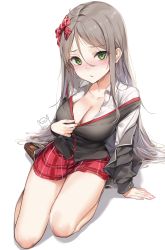 Rule 34 | 1girl, absurdres, arm support, bare legs, black jacket, blush, bow, breasts, brown hair, brown legwear, cleavage, closed mouth, collarbone, collared shirt, english text, full body, green eyes, hair bow, highres, jacket, large breasts, long hair, long sleeves, looking at viewer, miniskirt, nose blush, open clothes, open jacket, original, parted bangs, plaid, plaid skirt, red bow, red skirt, shirt, simple background, sitting, skirt, solo, very long hair, wet.elephant, white background, white shirt