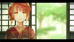 Rule 34 | 1girl, blurry, blurry background, day, hair ribbon, highres, indoors, japanese clothes, kimono, letterboxed, open door, original, red hair, ribbon, sliding doors, solo, stoolpower, upper body, yellow eyes