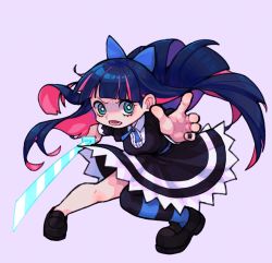 Rule 34 | 28 (282teeth), aqua pupils, black dress, black footwear, black nails, black thighhighs, blue bow, blue hair, blue ribbon, blue thighhighs, bow, dark blue hair, dress, fighting stance, film grain, fingernails, green eyes, hair bow, highres, holding, holding sword, holding weapon, katana, long hair, looking at viewer, lower teeth only, multicolored hair, nail polish, open mouth, panty &amp; stocking with garterbelt, pink hair, purple background, ribbon, simple background, single thighhigh, stocking (psg), streaked hair, striped clothes, striped thighhighs, sword, teeth, thighhighs, tongue, two-tone hair, weapon