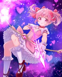 Rule 34 | 1girl, arrow (projectile), blush, bow, bow (weapon), breasts, bubble skirt, choker, commentary request, dot nose, frilled skirt, frilled sleeves, frilled socks, frills, gloves, hair bow, heart, highres, holding, holding bow (weapon), holding weapon, kaname madoka, kneehighs, knees up, magical girl, mahou shoujo madoka magica, mahou shoujo madoka magica (anime), open mouth, parted lips, pink bow, pink eyes, pink hair, puffy short sleeves, puffy sleeves, red choker, red footwear, ribbon choker, ruru (rurumagi), shoes, short hair, short sleeves, short twintails, skirt, small breasts, socks, solo, space, twintails, weapon, white gloves, white skirt, white socks